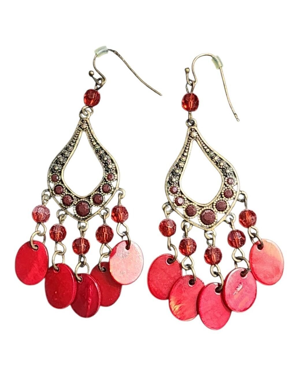 Red Dangle Earrings Bead Disc Accents Vintage Inspired